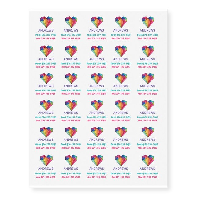 Child Safety Lost Phone Number Rainbow Heart Temporary Tattoos (Front)