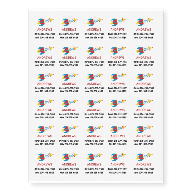 Child Safety Lost Phone Number Space Rocket Temporary Tattoos (Front)