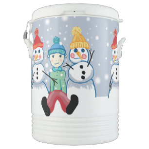 Child, Snowmen and beanies Beverage Cooler