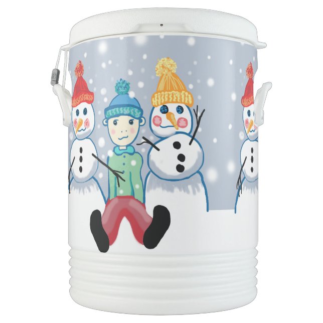 Child, Snowmen and beanies  Beverage Cooler (Back)
