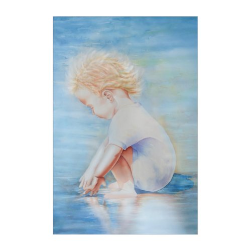 Child toddler on beach lakefront water scene  acrylic print