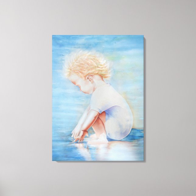 Child toddler on beach lakefront water scene  canvas print (Front)