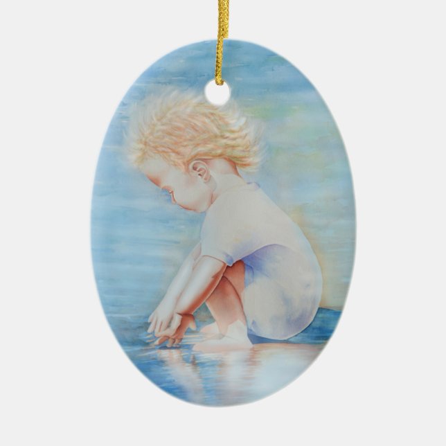 Child toddler on beach lakefront water scene  ceramic ornament (Front)