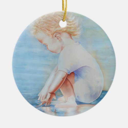 Child toddler on beach lakefront water scene  ceramic ornament