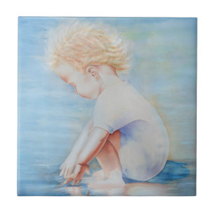 Child toddler on beach lakefront water scene  ceramic tile