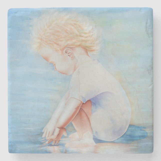Child toddler on beach lakefront water scene  stone coaster (Front)