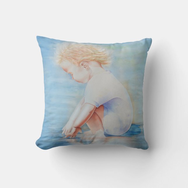 Child toddler on beach lakefront water scene  throw pillow (Front)