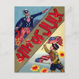 Child Uncle Sam American Flag Fireworks Postcard