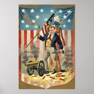 Child Uncle Sam Cannon Fire US Flag Poster