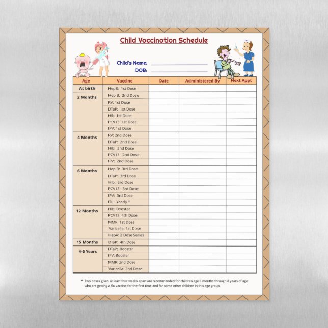 Child Vaccination Chart Magnetic Dry Erase Sheet (Vertical)