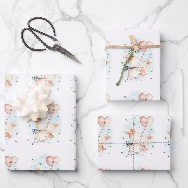 Child Valentine Bunny Heart Balloons Wrapping Paper Sheets (Front)