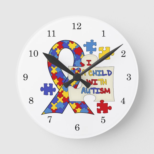 Child With Autism Awareness Ribbon Round Clock (Front)