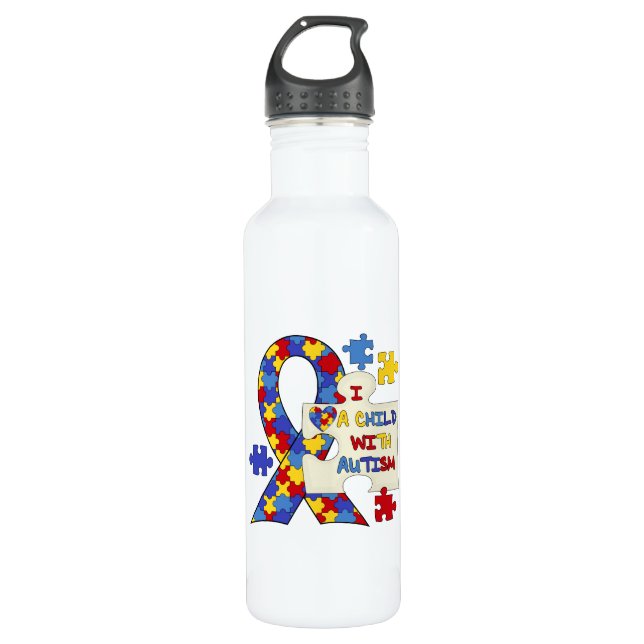 Child With Autism Awareness Ribbon Water Bottle (Front)