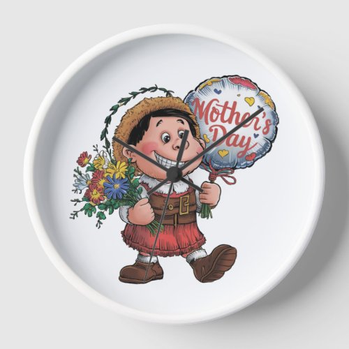 Child with balloon and flowers for Mothers Day Clock