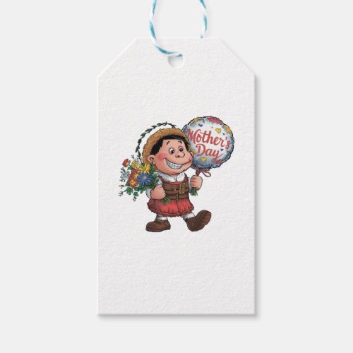 Child with balloon and flowers for Mothers Day Gift Tags