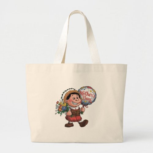 Child with balloon and flowers for Mothers Day Large Tote Bag