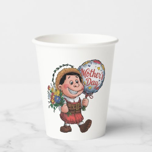 Child with balloon and flowers for Mothers Day Paper Cups
