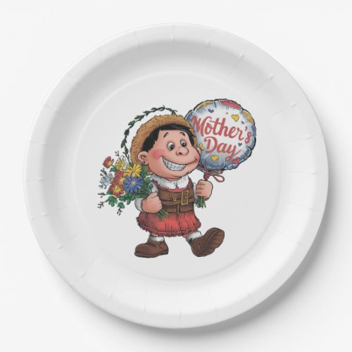 Child with balloon and flowers for Mothers Day Paper Plates