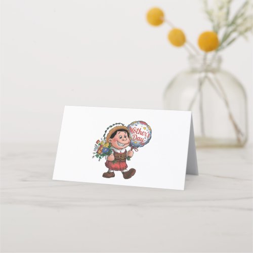 Child with balloon and flowers for Mothers Day Place Card