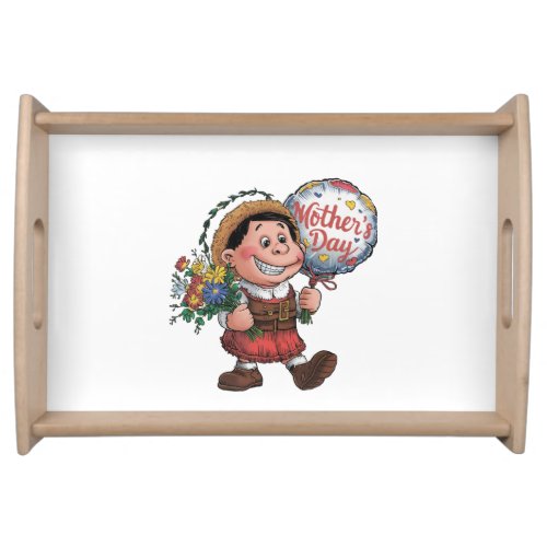Child with balloon and flowers for Mothers Day Serving Tray