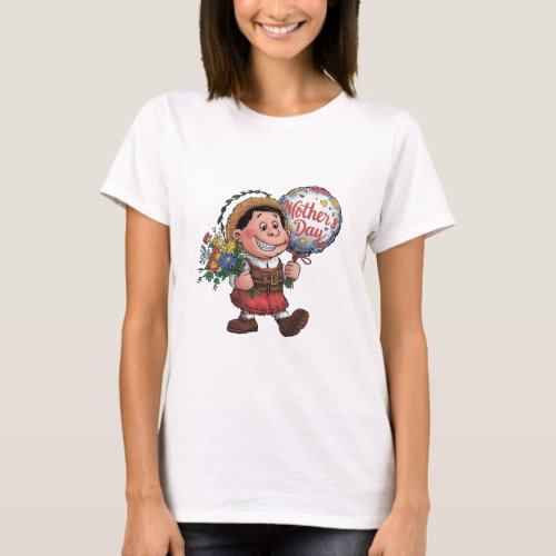 Child with balloon and flowers for Mothers Day T_Shirt