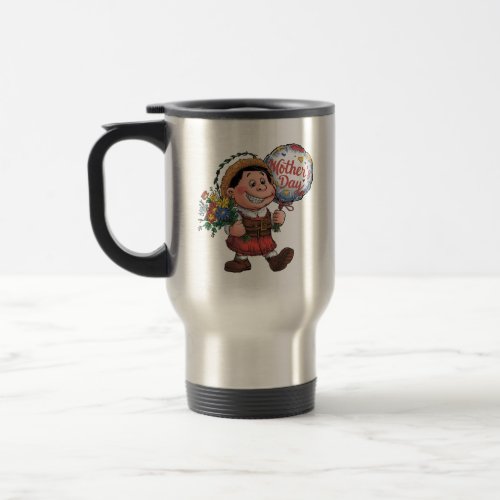 Child with balloon and flowers for Mothers Day Travel Mug