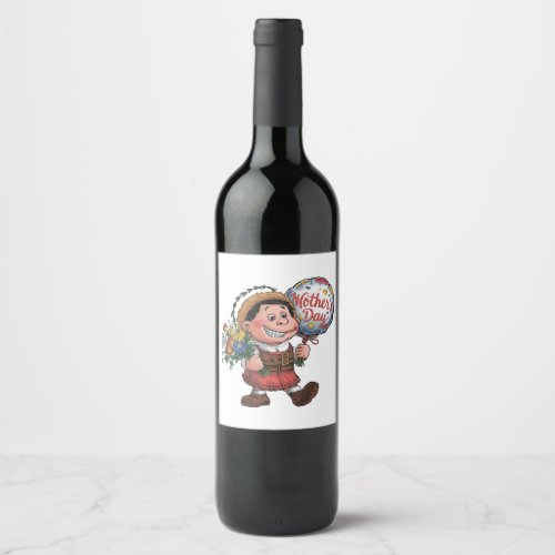 Child with balloon and flowers for Mothers Day Wine Label