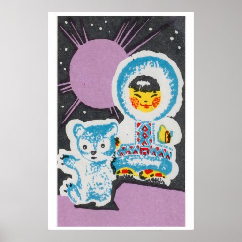 Child with Bear Matchbox Art Print, Russian Poster