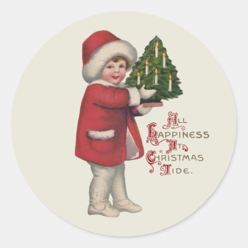 Child with Christmas Tree Vintage Illustration Art Classic Round Sticker