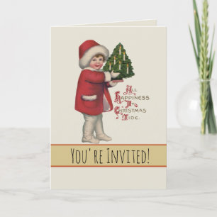 Child with Christmas Tree Vintage Illustration Art Invitation