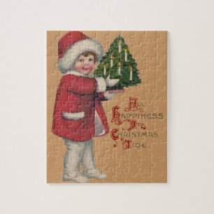 Child with Christmas Tree Vintage Illustration Art Jigsaw Puzzle