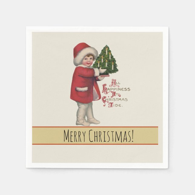 Child with Christmas Tree Vintage Illustration Art Napkins (Front)