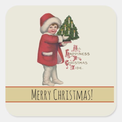 Child with Christmas Tree Vintage Illustration Art Square Sticker