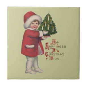 Child with Christmas Tree Vintage Illustration Art Tile