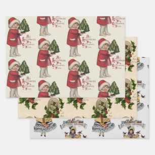 Child with Christmas Tree Vintage Illustration Art Wrapping Paper Sheets