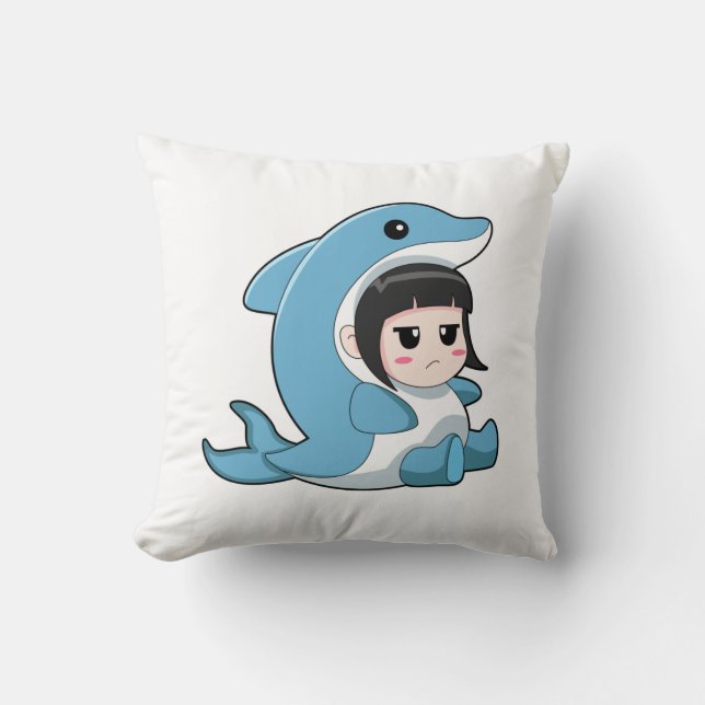 Child with Dolphin Costume Throw Pillow (Front)