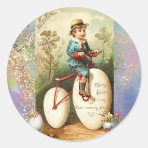 CHILD WITH EASTER EGG BIKE AND COLORFUL FLOWERS CLASSIC ROUND STICKER