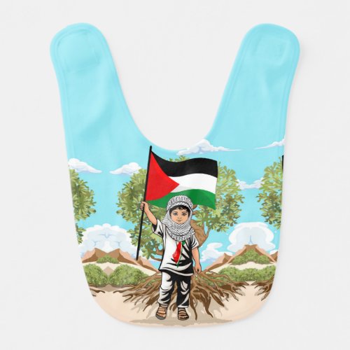 Child with Keffiyeh Palestine Flag and Olive Tree  Baby Bib