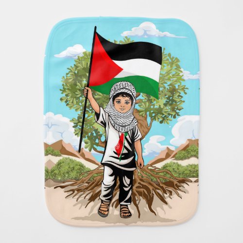 Child with Keffiyeh Palestine Flag and Olive Tree  Baby Burp Cloth