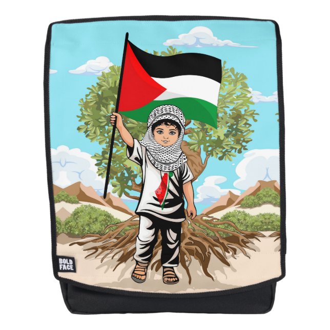 Child with Keffiyeh Palestine Flag and Olive Tree  Backpack (Front)
