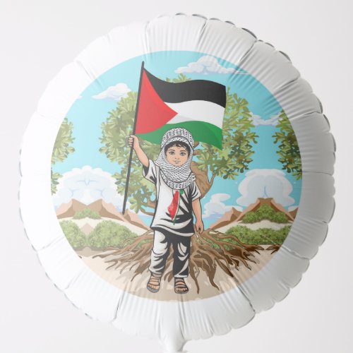 Child with Keffiyeh Palestine Flag and Olive Tree  Balloon
