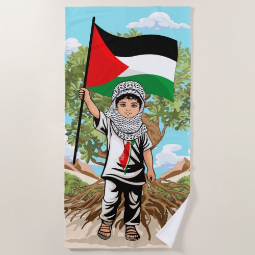 Child with Keffiyeh Palestine Flag and Olive Tree  Beach Towel