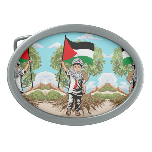 Child with Keffiyeh Palestine Flag and Olive Tree  Belt Buckle (Front)