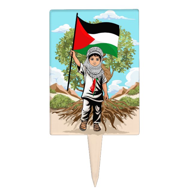 Child with Keffiyeh Palestine Flag and Olive Tree  Cake Topper (Front)