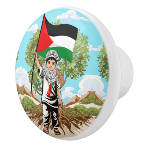 Child with Keffiyeh Palestine Flag and Olive Tree  Ceramic Knob