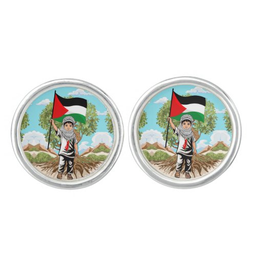 Child with Keffiyeh Palestine Flag and Olive Tree  Cufflinks
