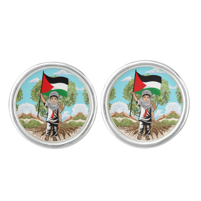 Child with Keffiyeh Palestine Flag and Olive Tree  Cufflinks (Front)