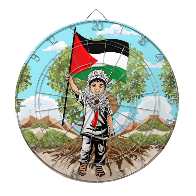 Child with Keffiyeh Palestine Flag and Olive Tree  Dart Board (Front)