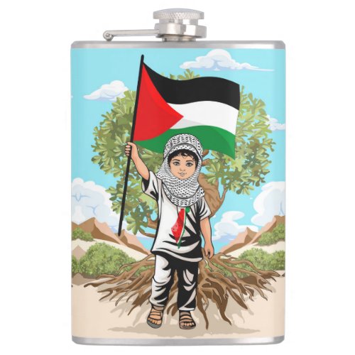 Child with Keffiyeh Palestine Flag and Olive Tree  Flask