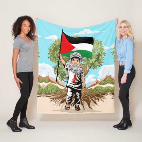 Child with Keffiyeh Palestine Flag and Olive Tree  Fleece Blanket